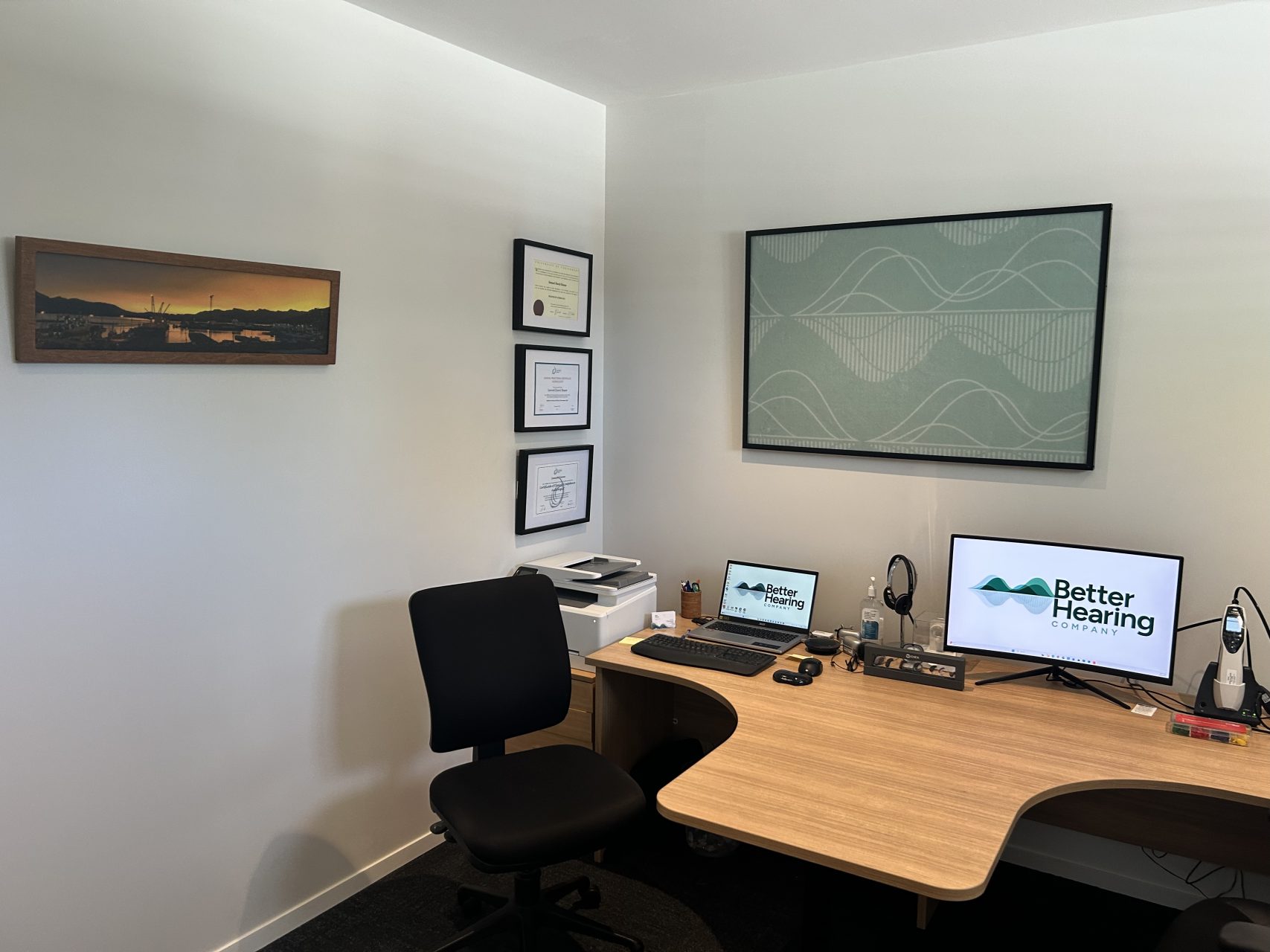 Clean, modern consultation room at Better Hearing Co. audiology clinic in Christchurch.