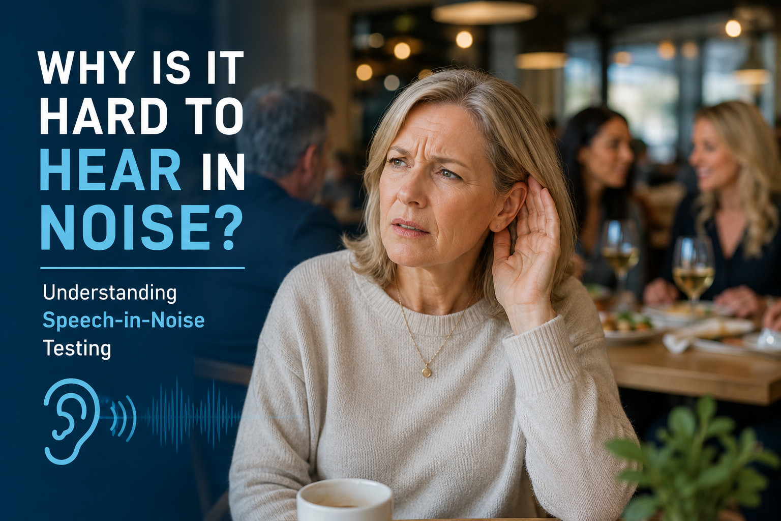 An older woman in a busy restaurant holding her hand to her ear, struggling to hear. Bold text reads "WHY IS IT HARD TO HEAR IN NOISE? Understanding Speech-in-Noise Testing."