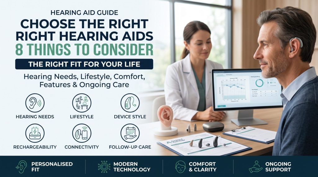 An educational infographic listing 8 things to consider when choosing hearing aids, such as lifestyle and device style, alongside a photo of a man being professionally fitted for a hearing aid.