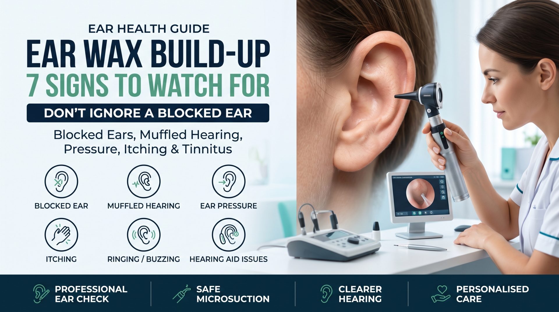 An infographic detailing 7 signs of ear wax build-up, including blocked ears, muffled hearing, and ear pressure, next to a photo of a professional ear examination with an otoscope.
