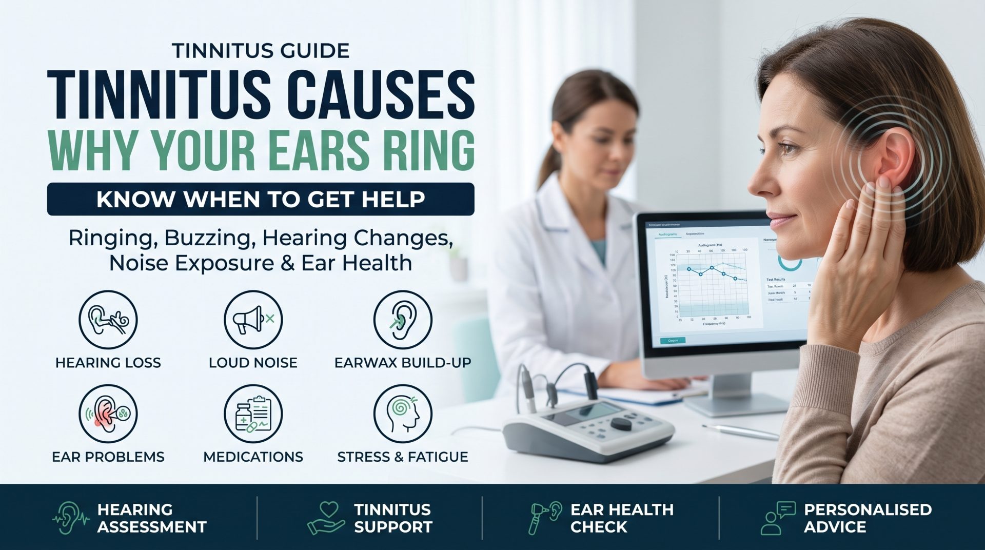 An infographic explaining common causes of tinnitus, such as hearing loss, loud noise, and stress, beside a photo of a woman in an audiology clinic experiencing ringing in her ears.