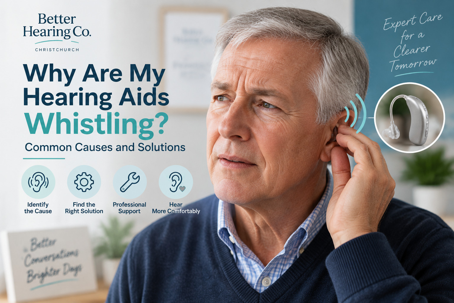 An older man adjusting his hearing aid with sound wave graphics, illustrating common causes of hearing aid whistling and feedback.