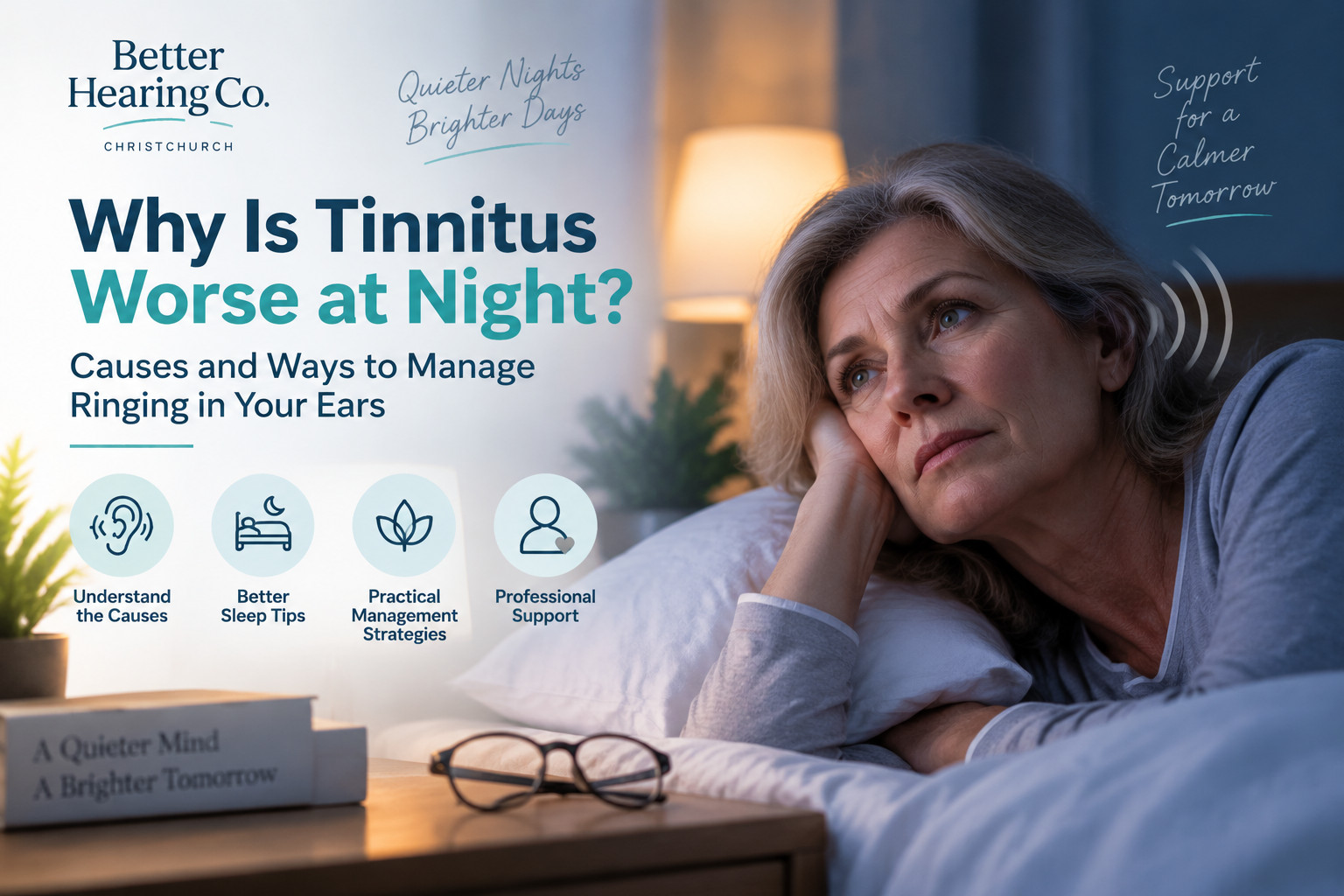 A woman lying awake in bed at night with sound wave graphics near her ear, illustrating tinnitus and ringing in the ears before sleep.