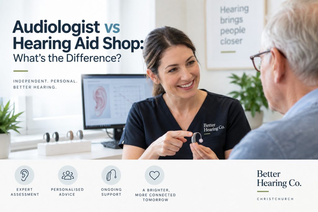 Audiologist in Christchurch discussing hearing aid options with a patient