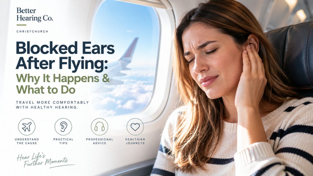 Woman experiencing blocked ears and ear pressure after flying