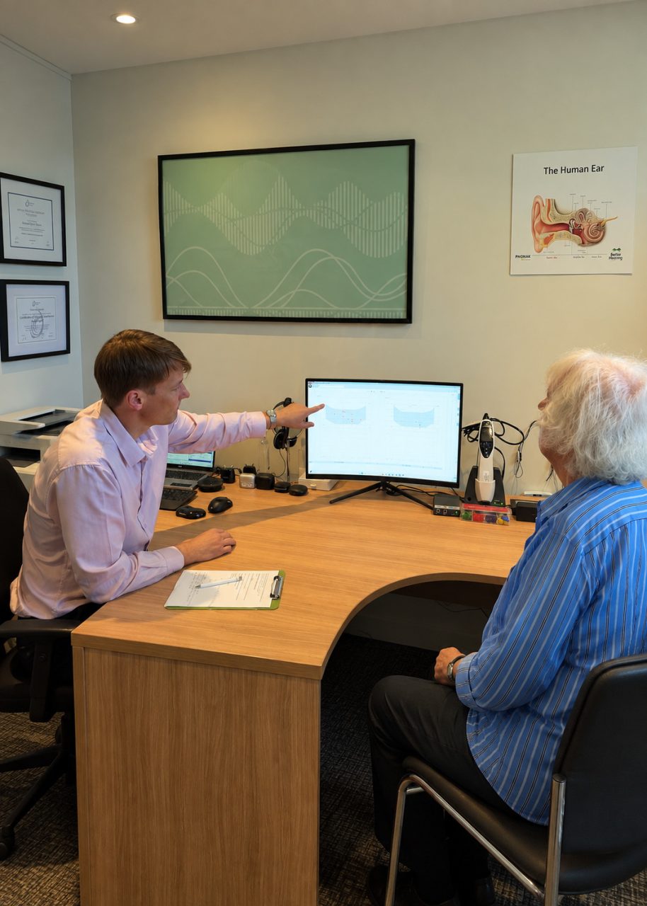 Hearing specialist discussing hearing test results with a patient
