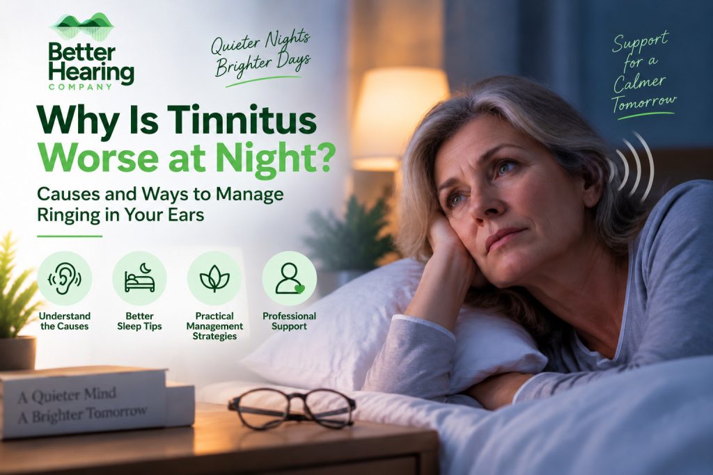 A woman lying awake in bed at night with sound wave graphics near her ear, illustrating tinnitus and ringing in the ears before sleep.