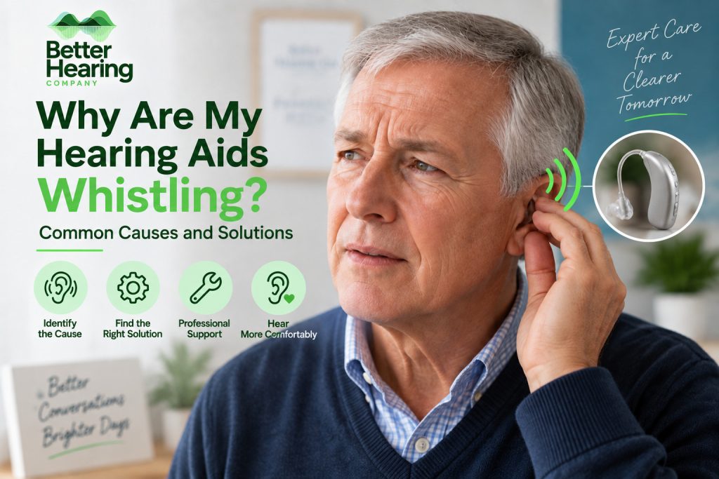 An older man adjusting his hearing aid with sound wave graphics, illustrating common causes of hearing aid whistling and feedback.