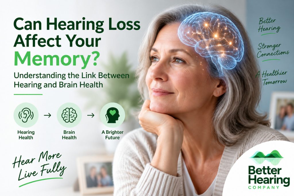 An older woman thinking calmly with a brain illustration overlay, representing the link between hearing loss, memory, and brain health.