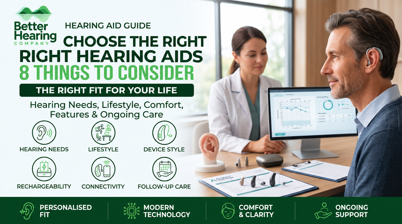 An educational infographic listing 8 things to consider when choosing hearing aids, such as lifestyle and device style, alongside a photo of a man being professionally fitted for a hearing aid.