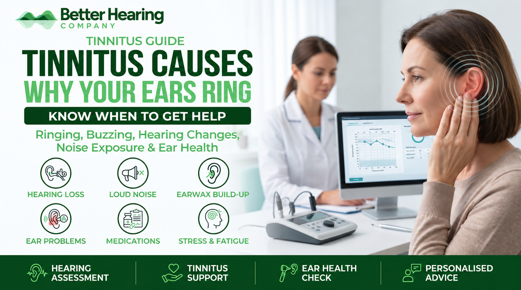 An infographic explaining common causes of tinnitus, such as hearing loss, loud noise, and stress, beside a photo of a woman in an audiology clinic experiencing ringing in her ears.