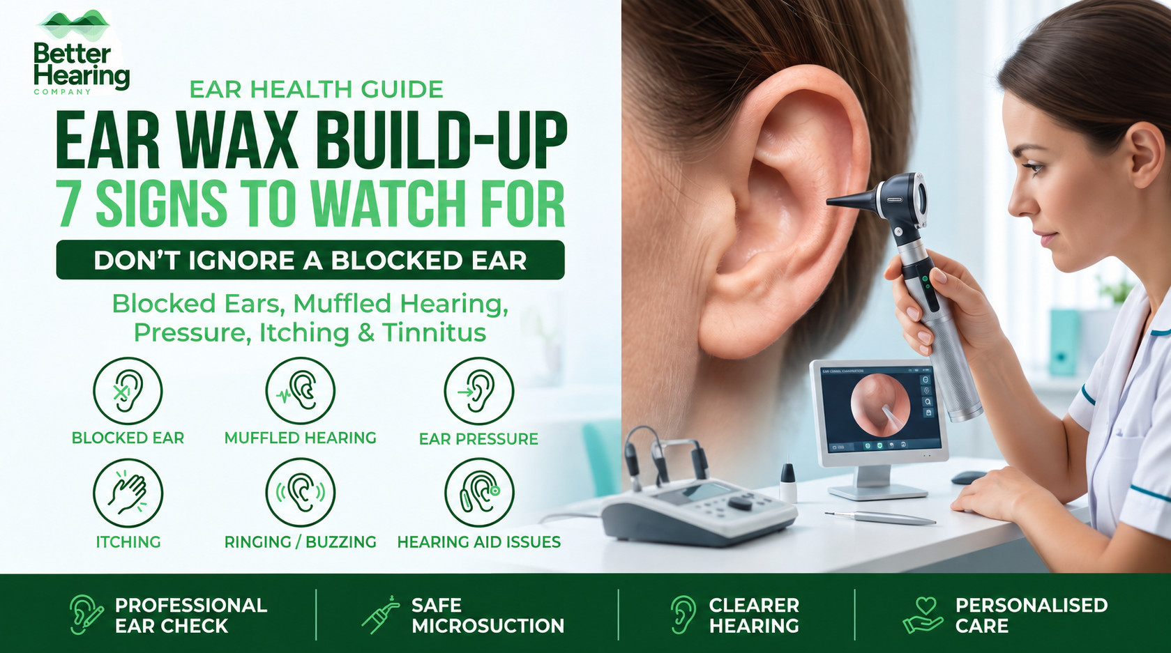 An infographic detailing 7 signs of ear wax build-up, including blocked ears, muffled hearing, and ear pressure, next to a photo of a professional ear examination with an otoscope.