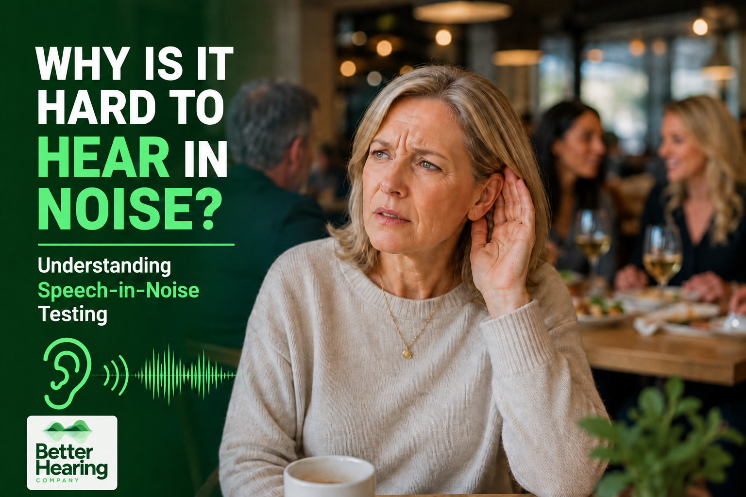 An older woman in a busy restaurant holding her hand to her ear, struggling to hear. Bold text reads "WHY IS IT HARD TO HEAR IN NOISE? Understanding Speech-in-Noise Testing."