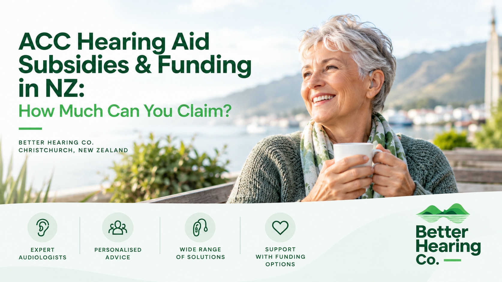 Older woman wearing a hearing aid enjoying conversation and everyday life, representing hearing aid funding options in New Zealand.